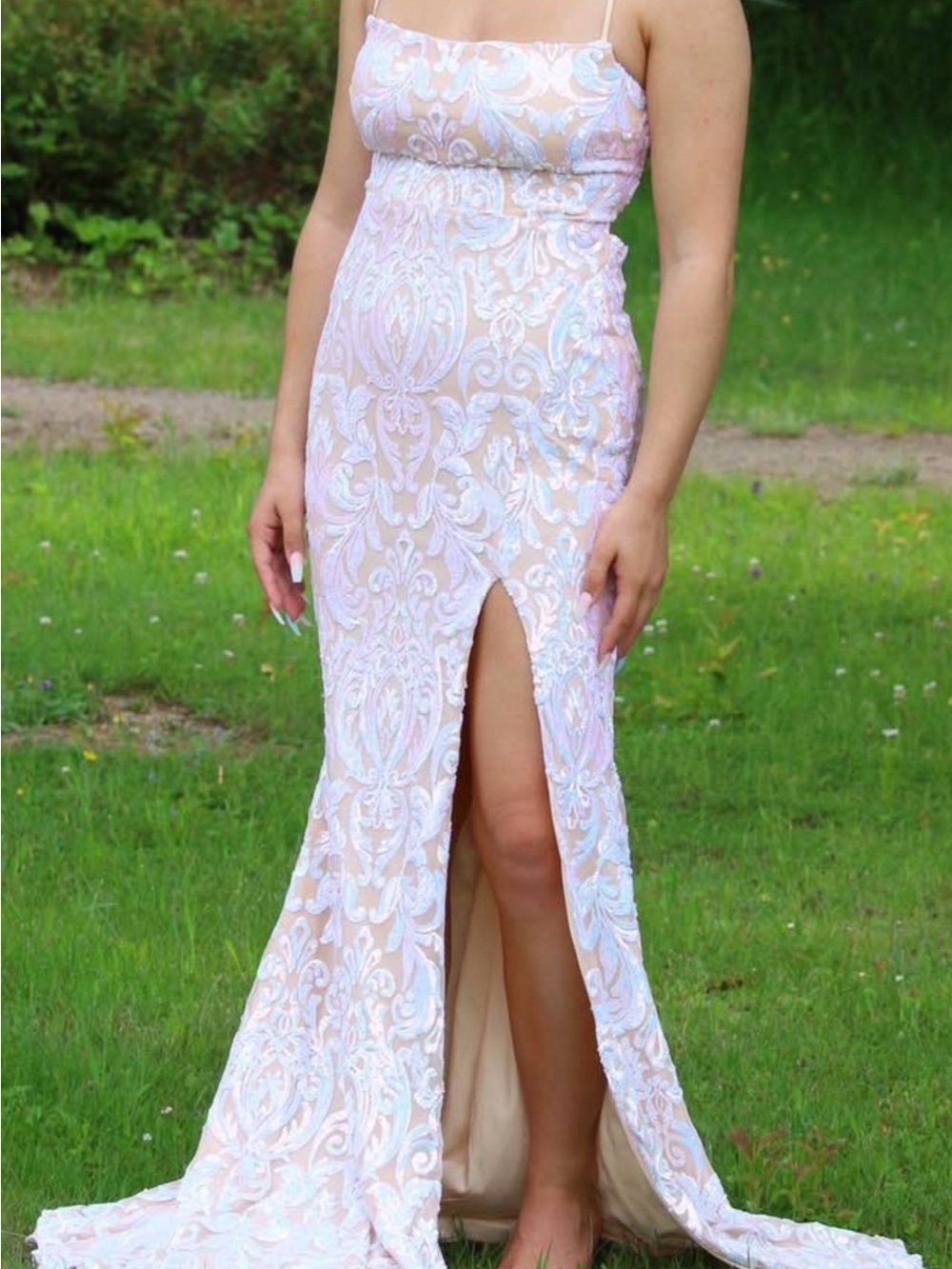Windsor Iredescent sequin Prom Gown with Front Slit